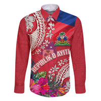 Personalised Haiti Coat Of Arms Family Matching Long Sleeve Bodycon Dress and Hawaiian Shirt Repiblik d Ayiti Tropical Flower Red Polynesian Pattern LT03 Dad's Shirt - Long Sleeve Red - Polynesian Pride