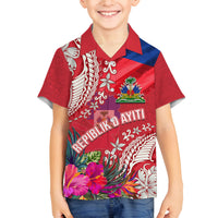 Personalised Haiti Coat Of Arms Family Matching Long Sleeve Bodycon Dress and Hawaiian Shirt Repiblik d Ayiti Tropical Flower Red Polynesian Pattern LT03 Son's Shirt Red - Polynesian Pride