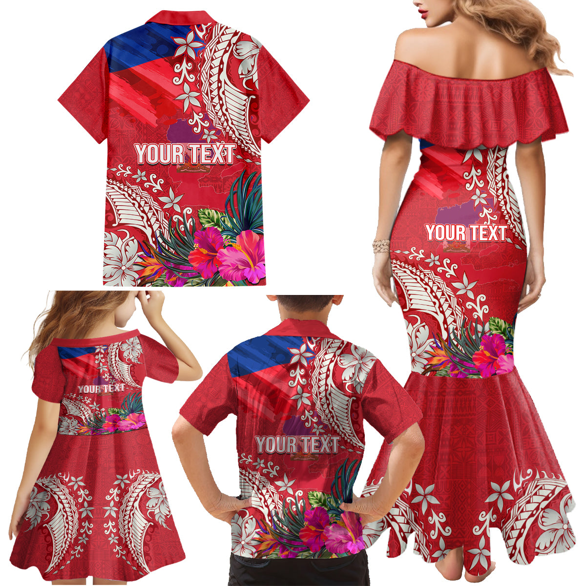 Personalised Haiti Coat Of Arms Family Matching Mermaid Dress and Hawaiian Shirt Repiblik d Ayiti Tropical Flower Red Polynesian Pattern LT03 - Polynesian Pride
