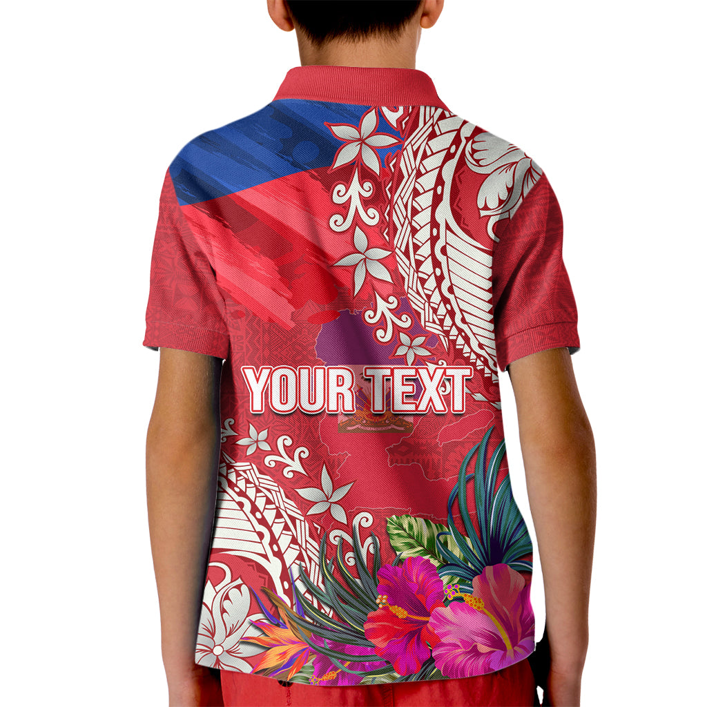 Personalised Haiti Coat Of Arms Kid Polo Shirt Repiblik d Ayiti Tropical Flower Red Polynesian Pattern LT03 - Polynesian Pride
