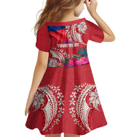 Personalised Haiti Coat Of Arms Kid Short Sleeve Dress Repiblik d Ayiti Tropical Flower Red Polynesian Pattern LT03 - Polynesian Pride
