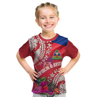 Personalised Haiti Coat Of Arms Kid T Shirt Repiblik d Ayiti Tropical Flower Red Polynesian Pattern LT03 Red - Polynesian Pride