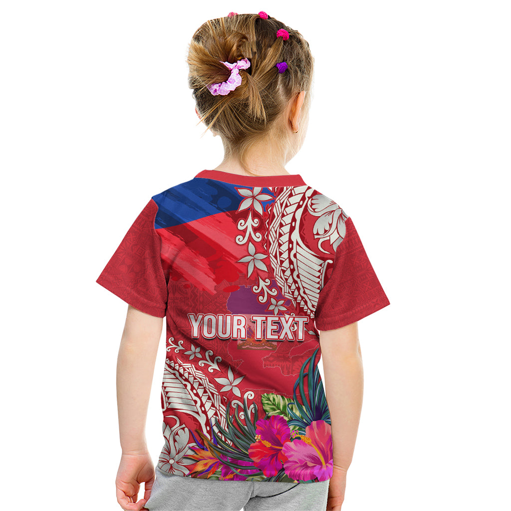 Personalised Haiti Coat Of Arms Kid T Shirt Repiblik d Ayiti Tropical Flower Red Polynesian Pattern LT03 - Polynesian Pride