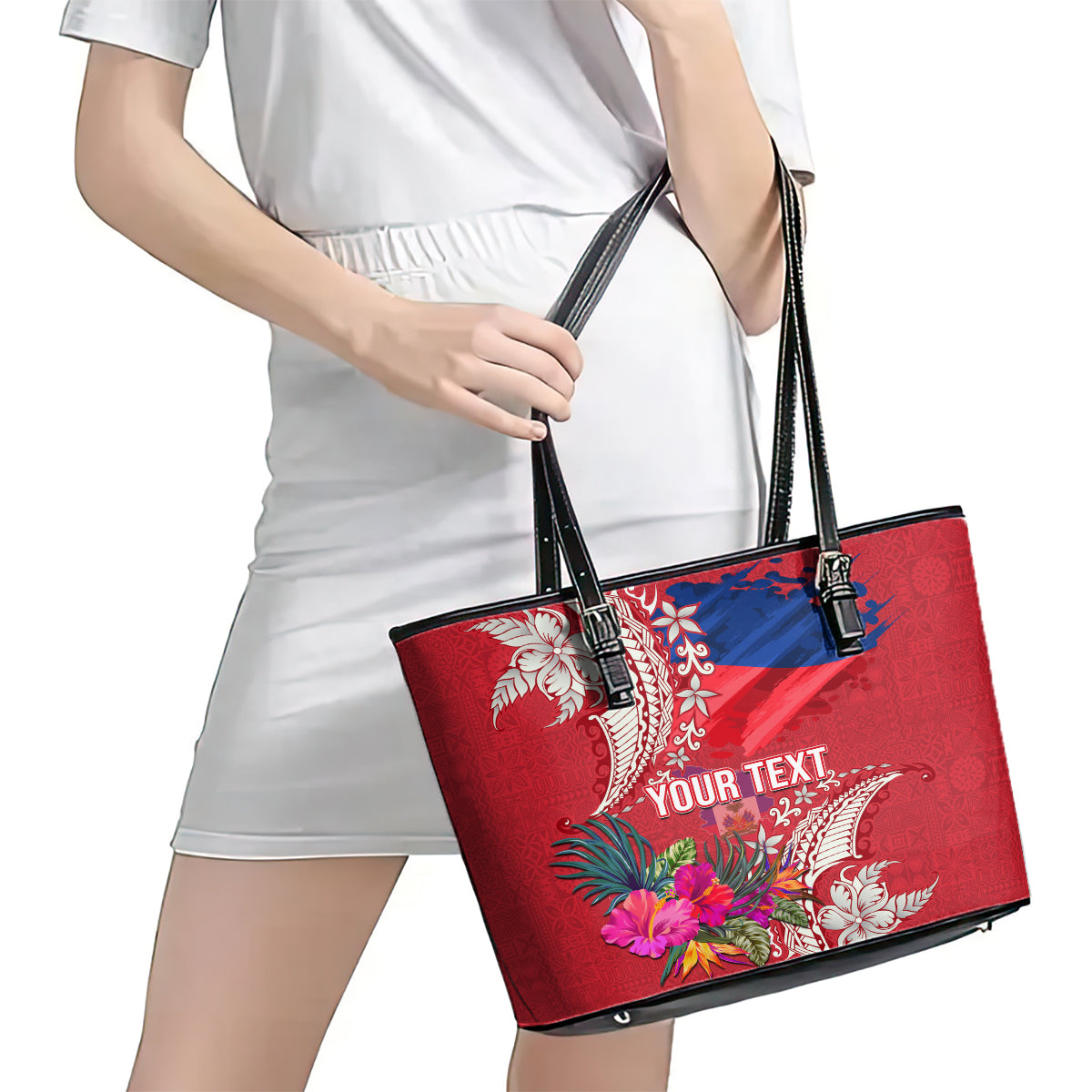 Personalised Haiti Coat Of Arms Leather Tote Bag Repiblik d Ayiti Tropical Flower Red Polynesian Pattern LT03 - Polynesian Pride