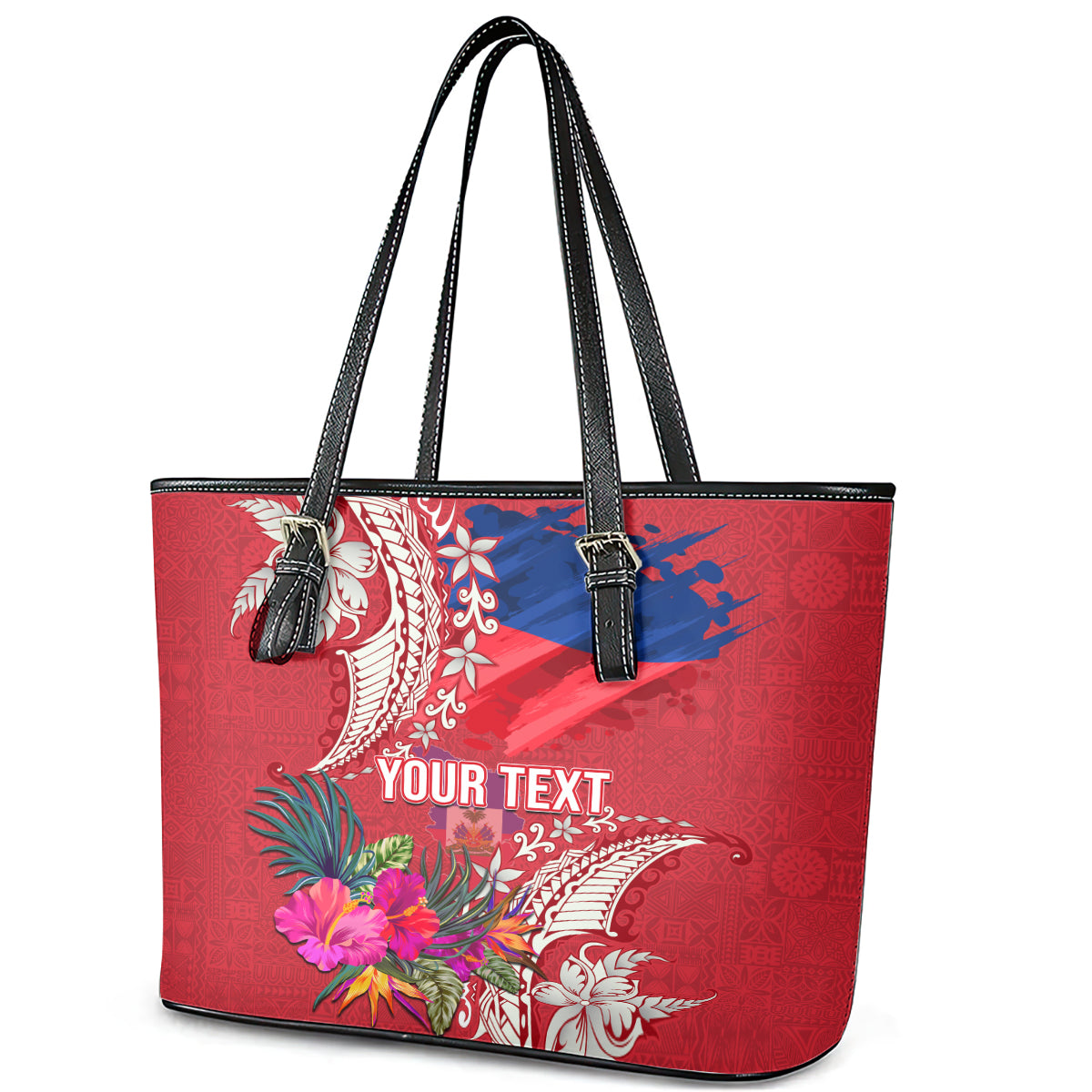 Personalised Haiti Coat Of Arms Leather Tote Bag Repiblik d Ayiti Tropical Flower Red Polynesian Pattern LT03 - Polynesian Pride