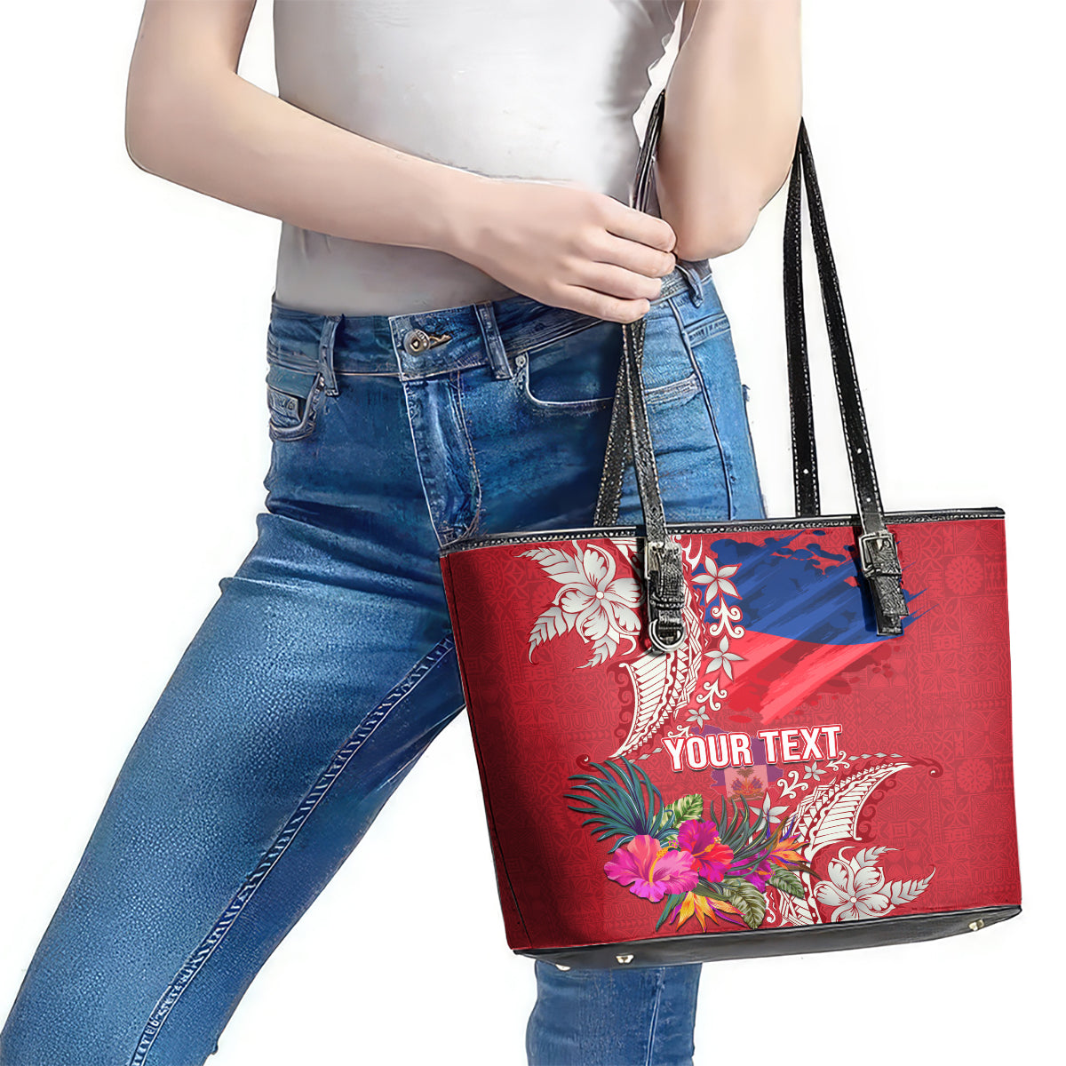Personalised Haiti Coat Of Arms Leather Tote Bag Repiblik d Ayiti Tropical Flower Red Polynesian Pattern LT03 - Polynesian Pride