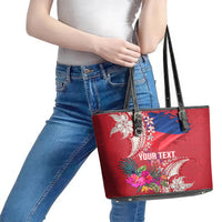 Personalised Haiti Coat Of Arms Leather Tote Bag Repiblik d Ayiti Tropical Flower Red Polynesian Pattern LT03 - Polynesian Pride