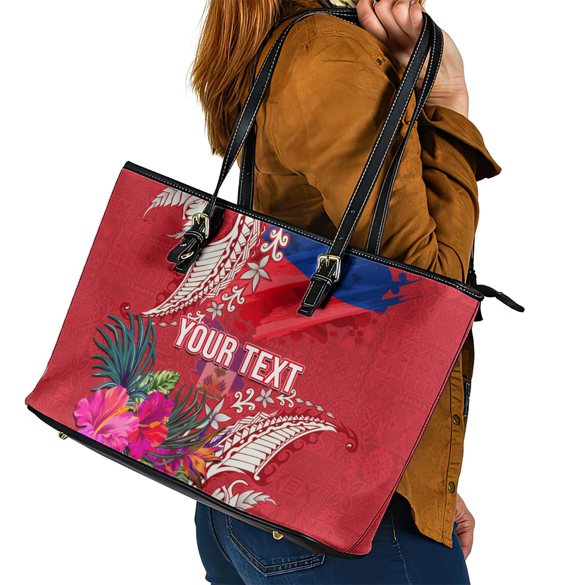 Personalised Haiti Coat Of Arms Leather Tote Bag Repiblik d Ayiti Tropical Flower Red Polynesian Pattern LT03 - Polynesian Pride