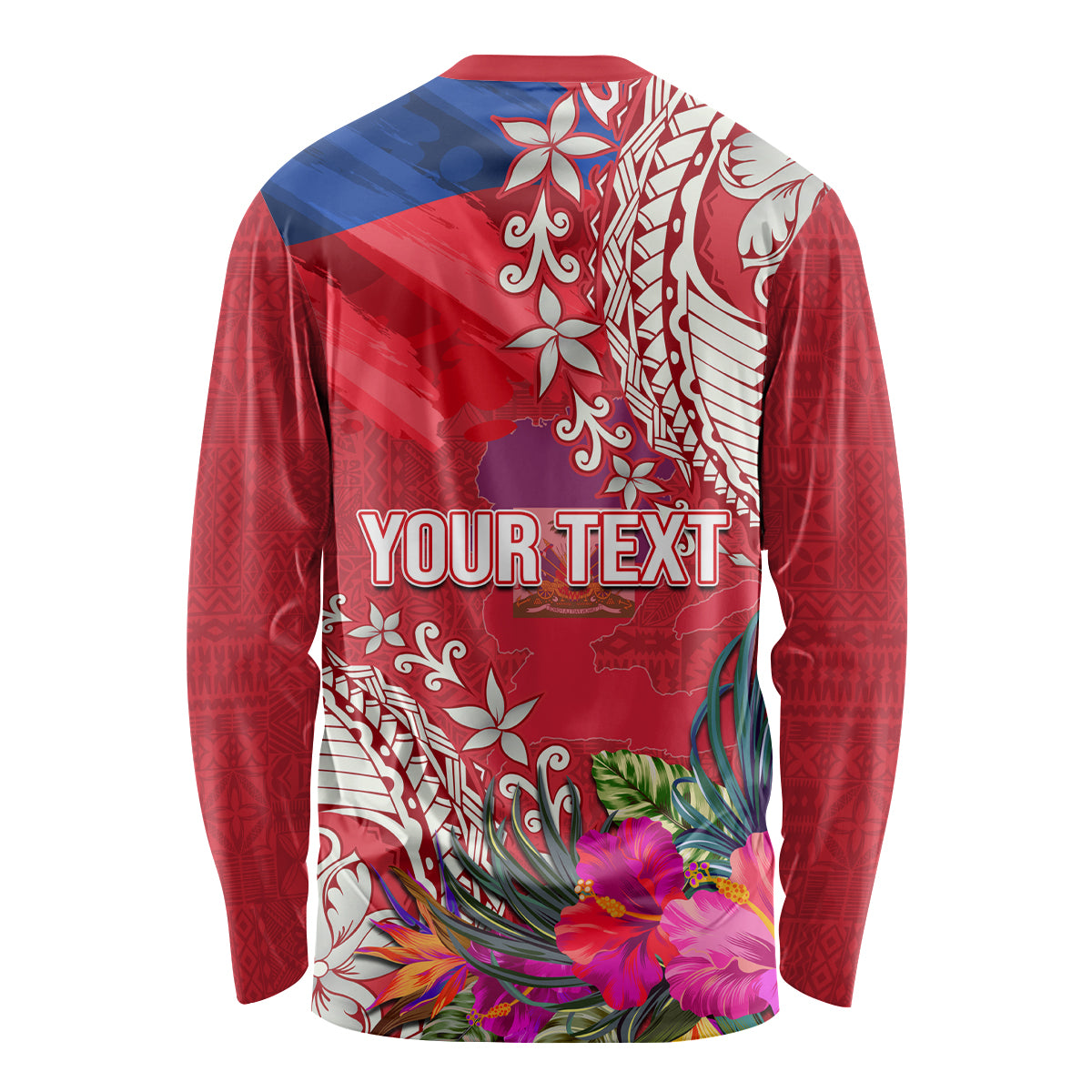 Personalised Haiti Coat Of Arms Long Sleeve Shirt Repiblik d Ayiti Tropical Flower Red Polynesian Pattern LT03 - Polynesian Pride