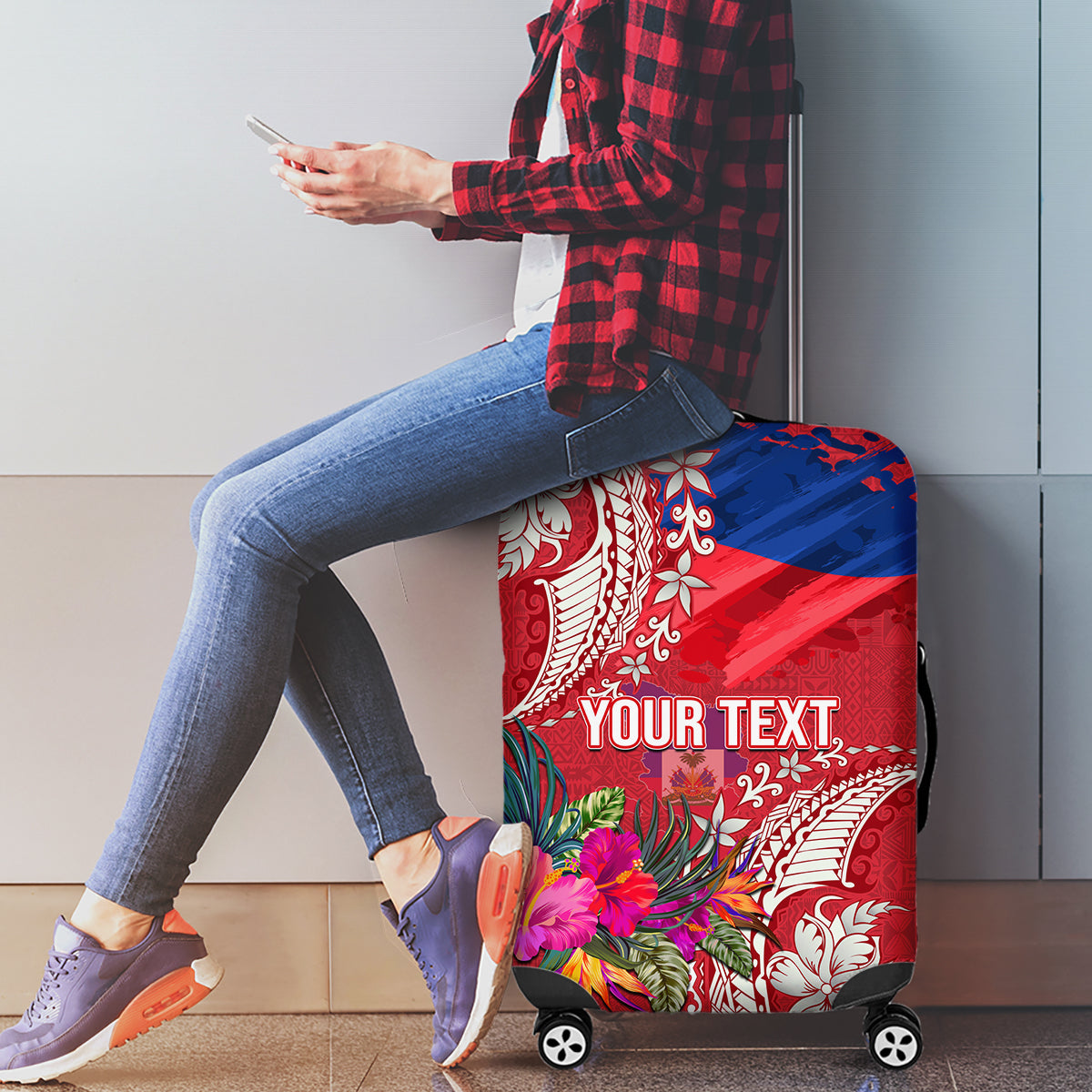 Personalised Haiti Coat Of Arms Luggage Cover Repiblik d Ayiti Tropical Flower Red Polynesian Pattern LT03 - Polynesian Pride