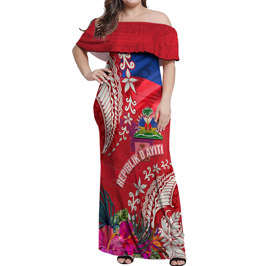 Personalised Haiti Coat Of Arms Off Shoulder Maxi Dress Repiblik d Ayiti Tropical Flower Red Polynesian Pattern LT03 Women Red - Polynesian Pride