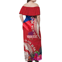 Personalised Haiti Coat Of Arms Off Shoulder Maxi Dress Repiblik d Ayiti Tropical Flower Red Polynesian Pattern LT03 - Polynesian Pride