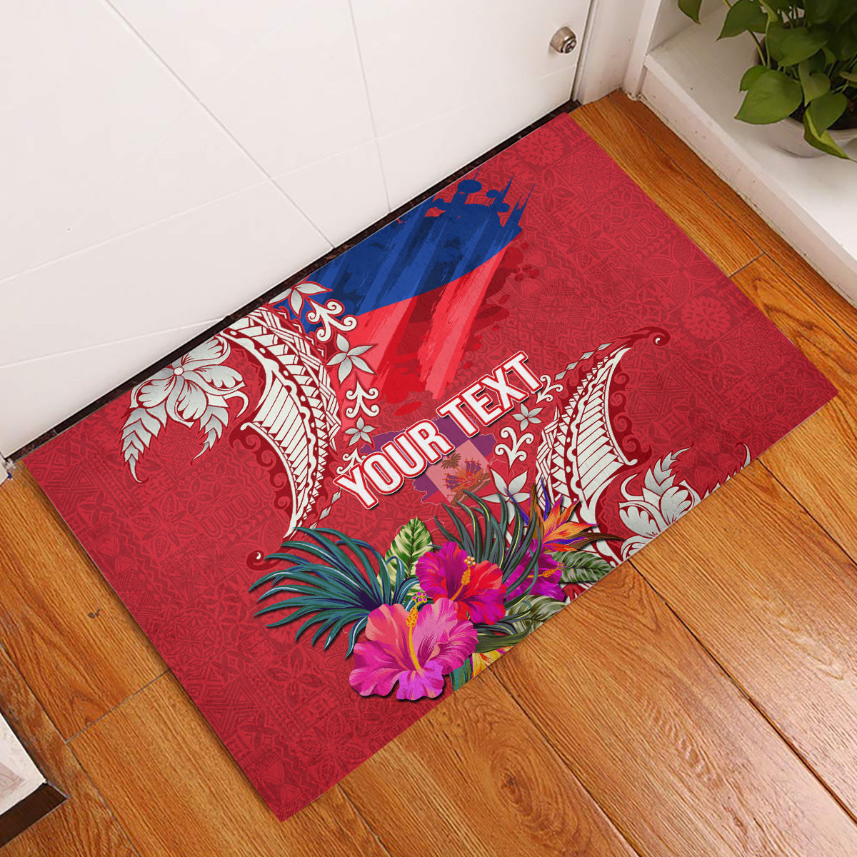 Personalised Haiti Coat Of Arms Rubber Doormat Repiblik d Ayiti Tropical Flower Red Polynesian Pattern LT03 Red - Polynesian Pride