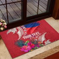 Personalised Haiti Coat Of Arms Rubber Doormat Repiblik d Ayiti Tropical Flower Red Polynesian Pattern LT03 - Polynesian Pride