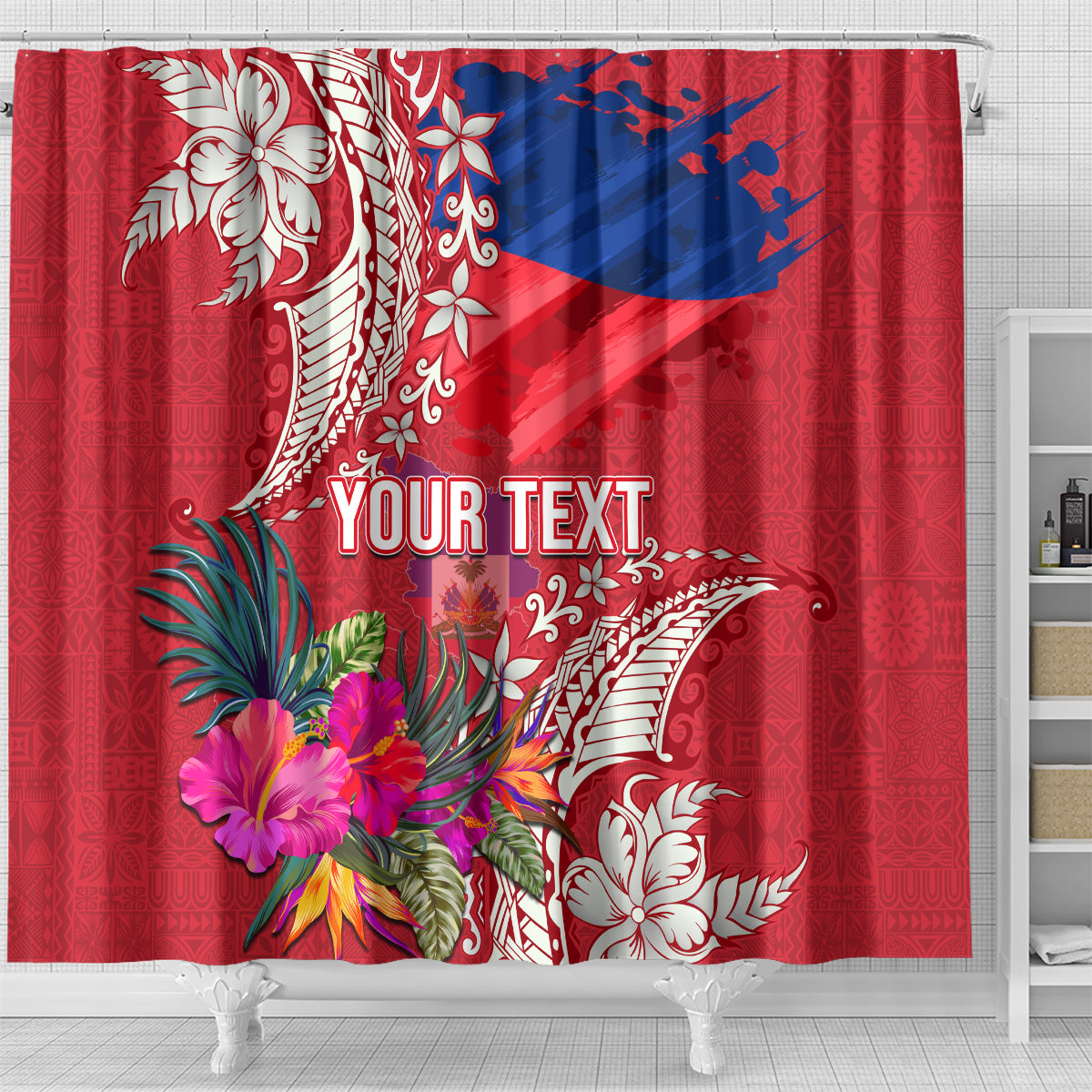 Personalised Haiti Coat Of Arms Shower Curtain Repiblik d Ayiti Tropical Flower Red Polynesian Pattern LT03 - Polynesian Pride