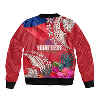 Personalised Haiti Coat Of Arms Sleeve Zip Bomber Jacket Repiblik d Ayiti Tropical Flower Red Polynesian Pattern LT03 - Polynesian Pride