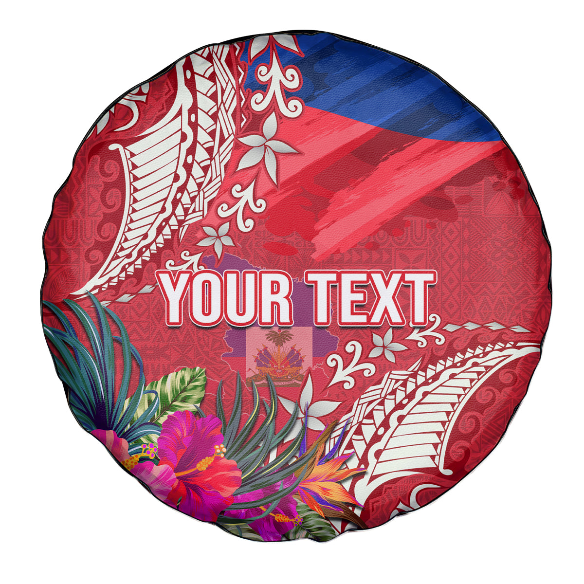 Personalised Haiti Coat Of Arms Spare Tire Cover Repiblik d Ayiti Tropical Flower Red Polynesian Pattern LT03 - Polynesian Pride