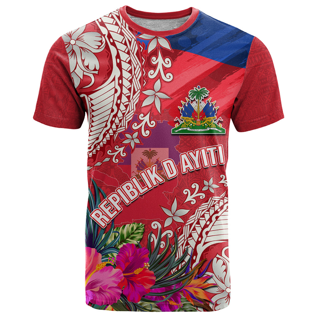 Personalised Haiti Coat Of Arms T Shirt Repiblik d Ayiti Tropical Flower Red Polynesian Pattern LT03 Red - Polynesian Pride
