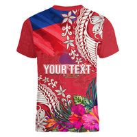 Personalised Haiti Coat Of Arms Women V Neck T Shirt Repiblik d Ayiti Tropical Flower Red Polynesian Pattern LT03 - Polynesian Pride