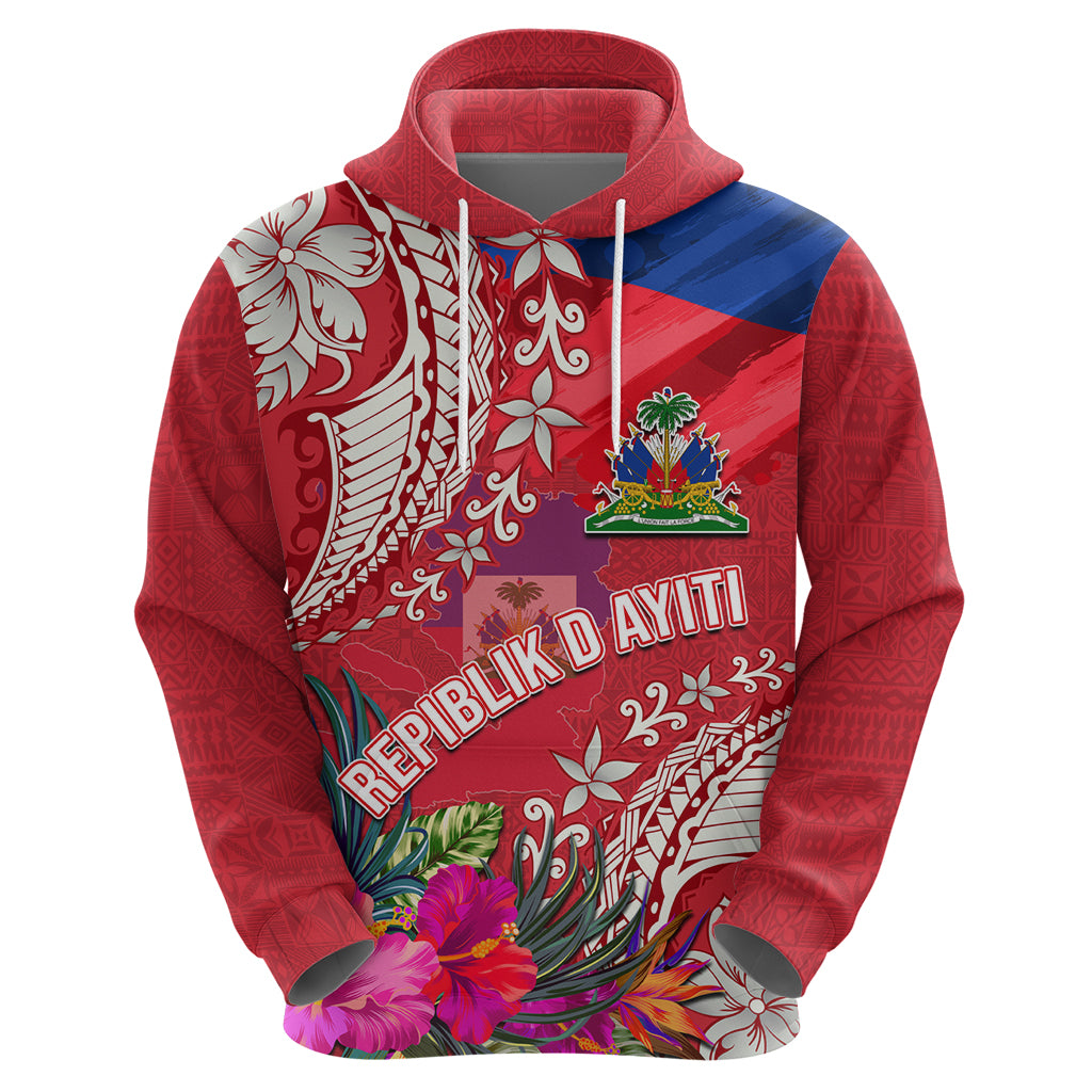 Personalised Haiti Coat Of Arms Zip Hoodie Repiblik d Ayiti Tropical Flower Red Polynesian Pattern LT03 - Polynesian Pride