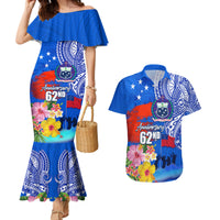 Personalised Samoa 62nd Anniversary Independence Day Couples Matching Mermaid Dress and Hawaiian Shirt Samoan Tribal Flag Style LT03 Blue - Polynesian Pride
