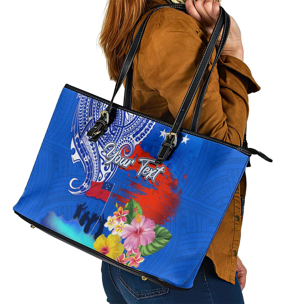 Personalised Samoa 62nd Anniversary Independence Day Leather Tote Bag Samoan Tribal Flag Style LT03 - Polynesian Pride