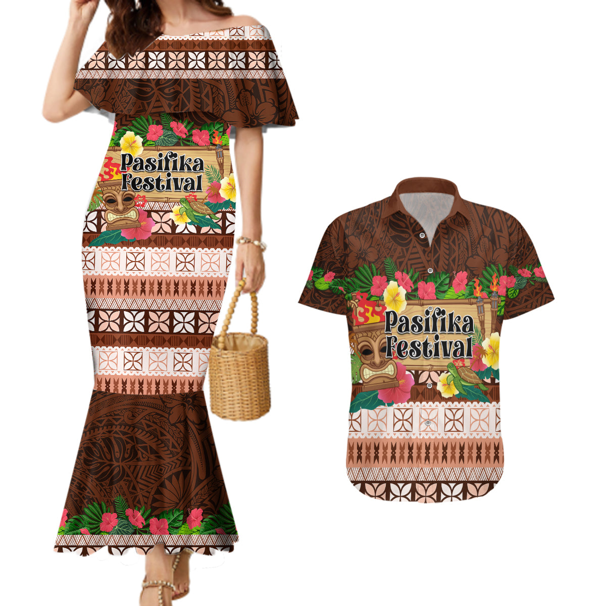 Pasifika Festival Auckland Couples Matching Mermaid Dress and Hawaiian Shirt Polynesian Tribal with Pacific Pattern Brown Color LT03 Brown - Polynesian Pride