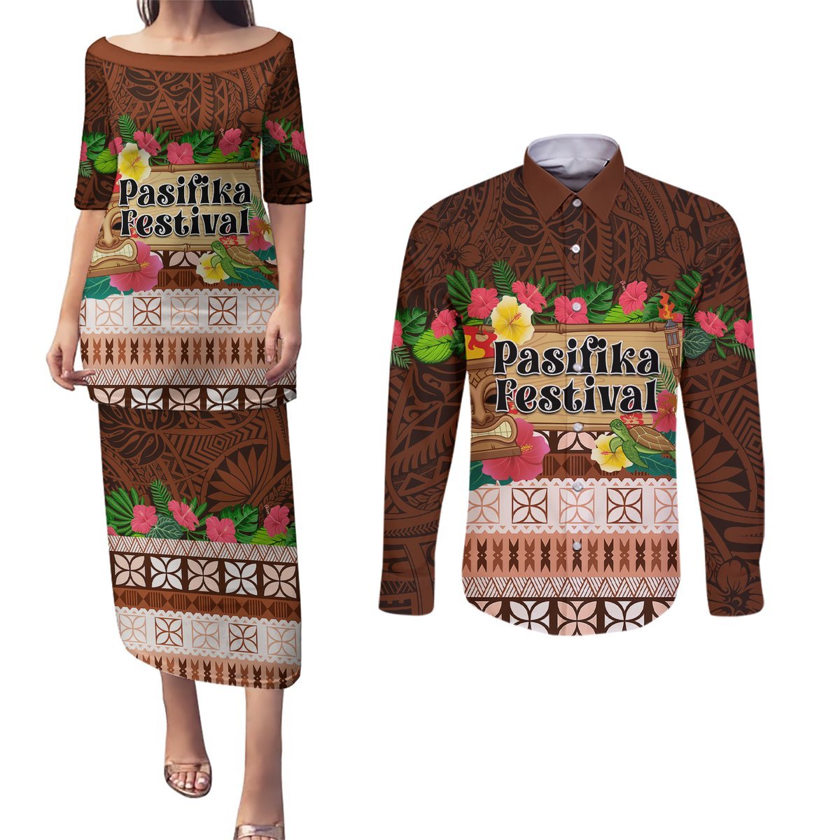 Pasifika Festival Auckland Couples Matching Puletasi and Long Sleeve Button Shirt Polynesian Tribal with Pacific Pattern Brown Color LT03 Brown - Polynesian Pride