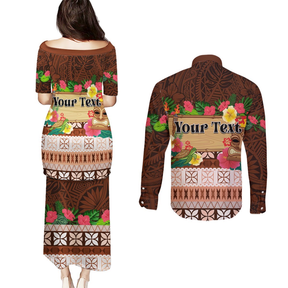 Pasifika Festival Auckland Couples Matching Puletasi and Long Sleeve Button Shirt Polynesian Tribal with Pacific Pattern Brown Color LT03 - Polynesian Pride