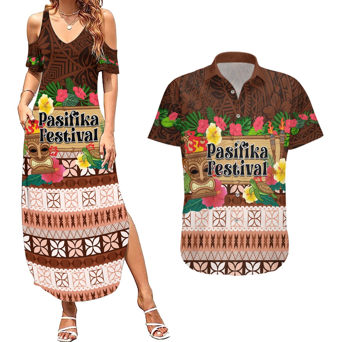 Pasifika Festival Auckland Couples Matching Summer Maxi Dress and Hawaiian Shirt Polynesian Tribal with Pacific Pattern Brown Color LT03 Brown - Polynesian Pride