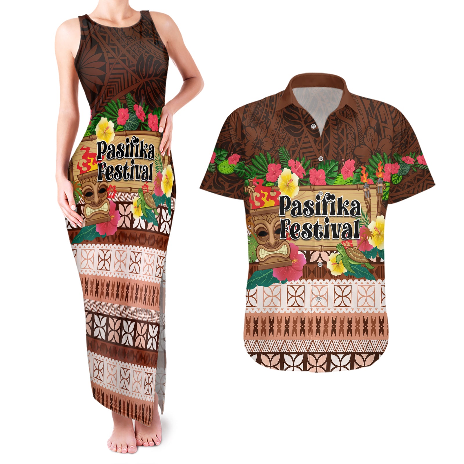 Pasifika Festival Auckland Couples Matching Tank Maxi Dress and Hawaiian Shirt Polynesian Tribal with Pacific Pattern Brown Color LT03 Brown - Polynesian Pride