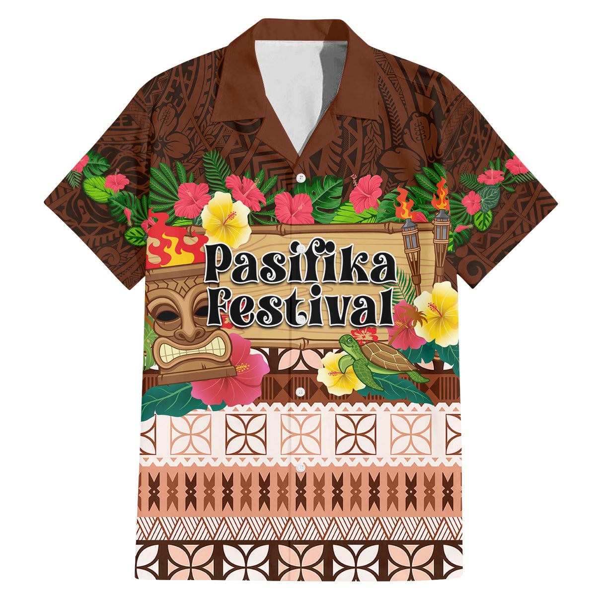 Pasifika Festival Auckland Family Matching Mermaid Dress and Hawaiian Shirt Polynesian Tribal with Pacific Pattern Brown Color LT03 Dad's Shirt - Short Sleeve Brown - Polynesian Pride