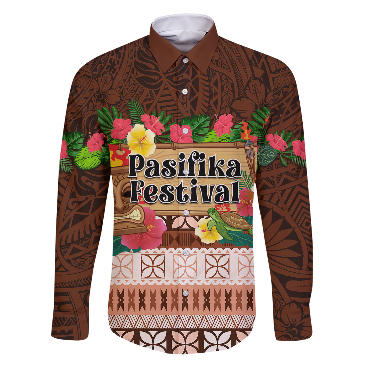 Pasifika Festival Auckland Family Matching Puletasi and Hawaiian Shirt Polynesian Tribal with Pacific Pattern Brown Color LT03 Dad's Shirt - Long Sleeve Brown - Polynesian Pride