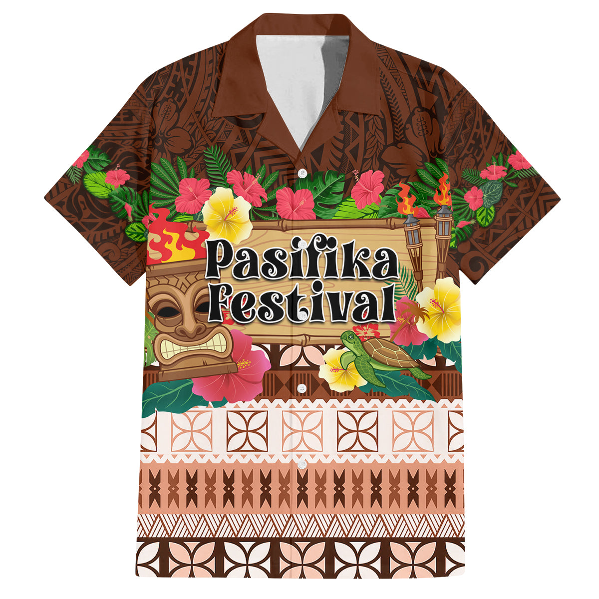 Pasifika Festival Auckland Family Matching Summer Maxi Dress and Hawaiian Shirt Polynesian Tribal with Pacific Pattern Brown Color LT03 Dad's Shirt - Short Sleeve Brown - Polynesian Pride
