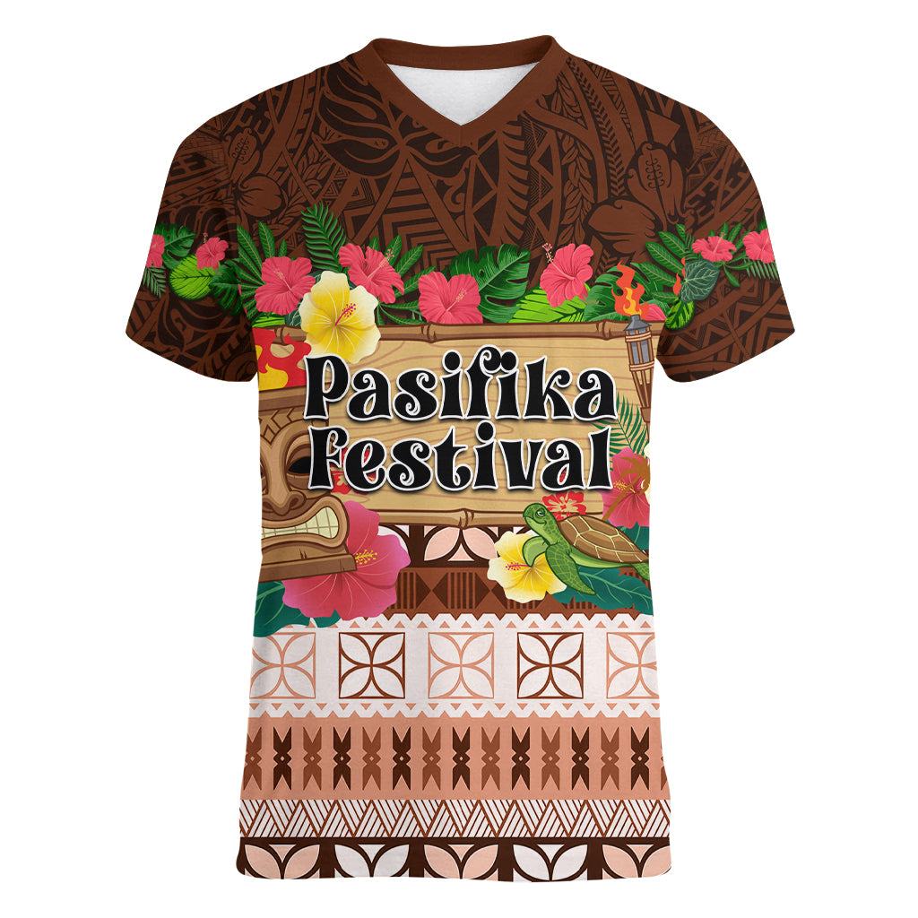 Pasifika Festival Auckland Women V Neck T Shirt Polynesian Tribal with Pacific Pattern Brown Color LT03 Female Brown - Polynesian Pride