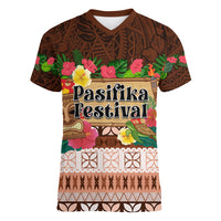 Pasifika Festival Auckland Women V Neck T Shirt Polynesian Tribal with Pacific Pattern Brown Color LT03 Female Brown - Polynesian Pride