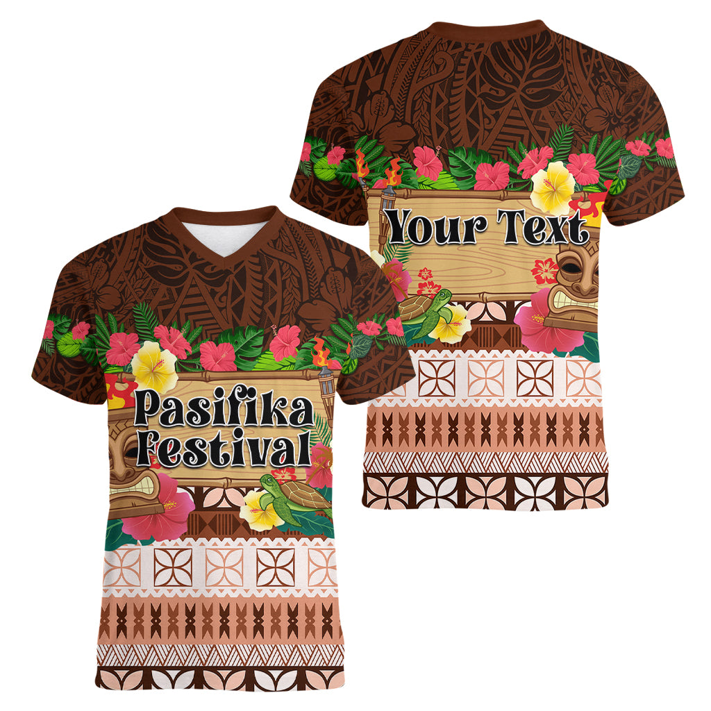 Pasifika Festival Auckland Women V Neck T Shirt Polynesian Tribal with Pacific Pattern Brown Color LT03 - Polynesian Pride