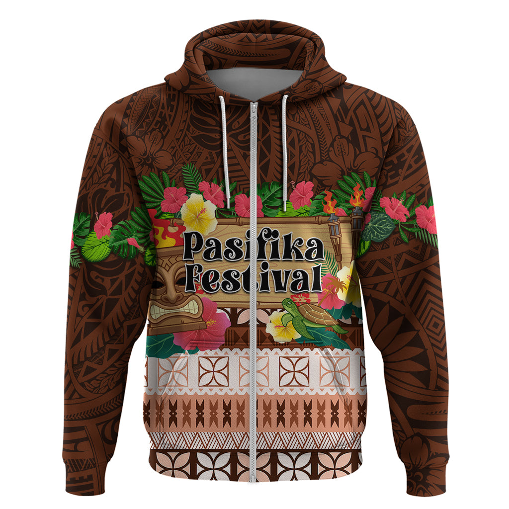 Pasifika Festival Auckland Zip Hoodie Polynesian Tribal with Pacific Pattern Brown Color LT03 Zip Hoodie Brown - Polynesian Pride