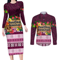 Pasifika Festival Auckland Couples Matching Long Sleeve Bodycon Dress and Long Sleeve Button Shirt Polynesian Tribal with Pacific Pattern Pink Color LT03 Pink - Polynesian Pride