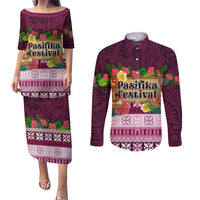 Pasifika Festival Auckland Couples Matching Puletasi and Long Sleeve Button Shirt Polynesian Tribal with Pacific Pattern Pink Color LT03 Pink - Polynesian Pride