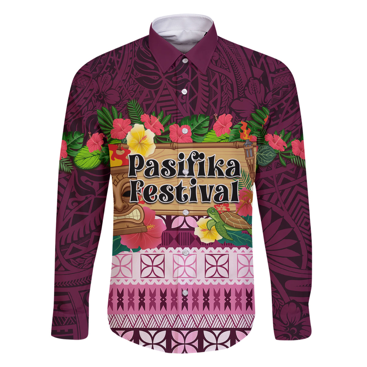 Pasifika Festival Auckland Family Matching Off Shoulder Long Sleeve Dress and Hawaiian Shirt Polynesian Tribal with Pacific Pattern Pink Color LT03 Dad's Shirt - Long Sleeve Pink - Polynesian Pride