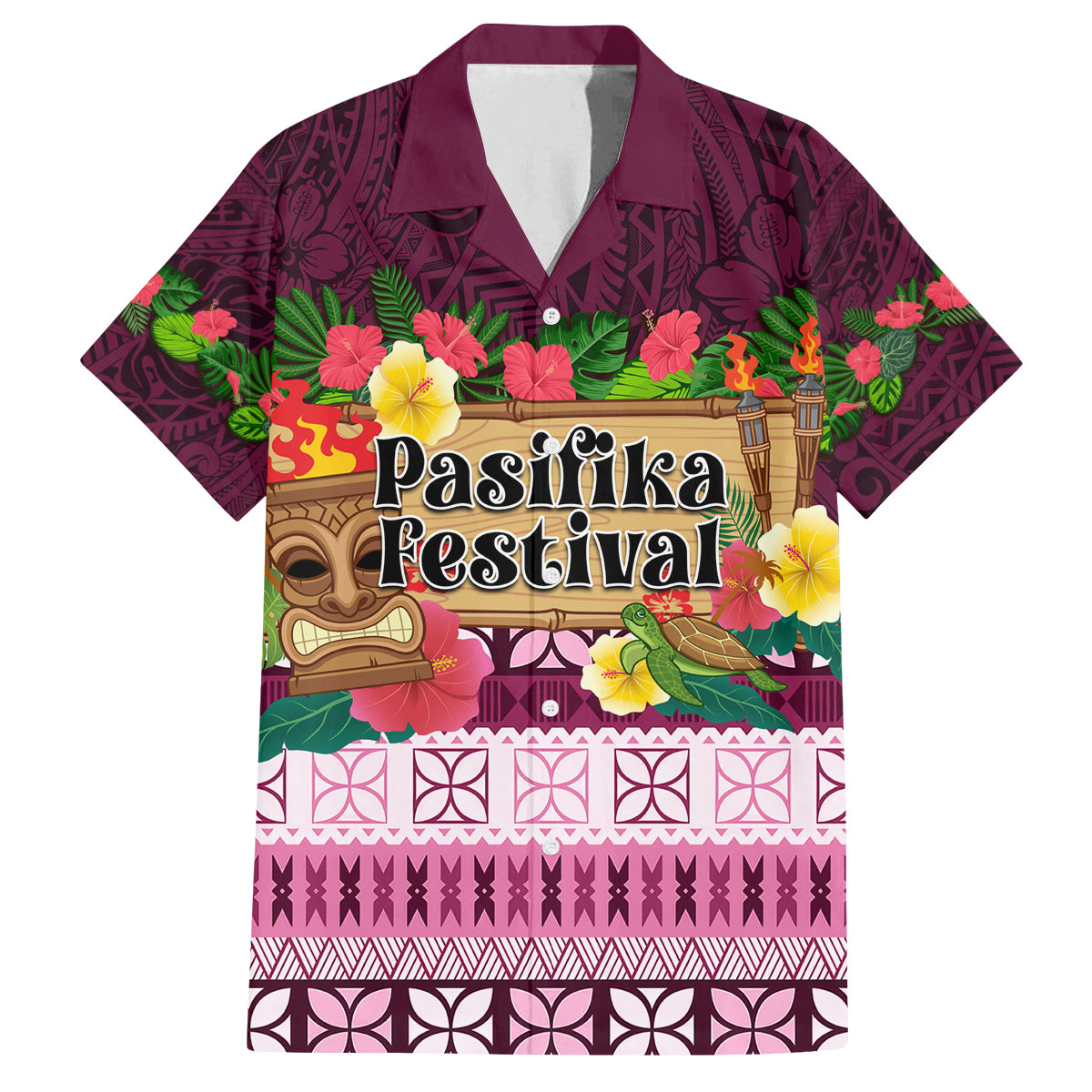 Pasifika Festival Auckland Family Matching Off Shoulder Maxi Dress and Hawaiian Shirt Polynesian Tribal with Pacific Pattern Pink Color LT03 Dad's Shirt - Short Sleeve Pink - Polynesian Pride