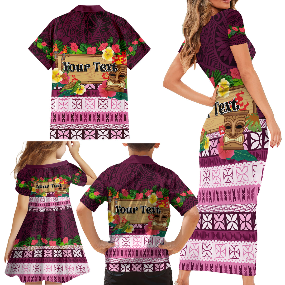 Pasifika Festival Auckland Family Matching Short Sleeve Bodycon Dress and Hawaiian Shirt Polynesian Tribal with Pacific Pattern Pink Color LT03 - Polynesian Pride