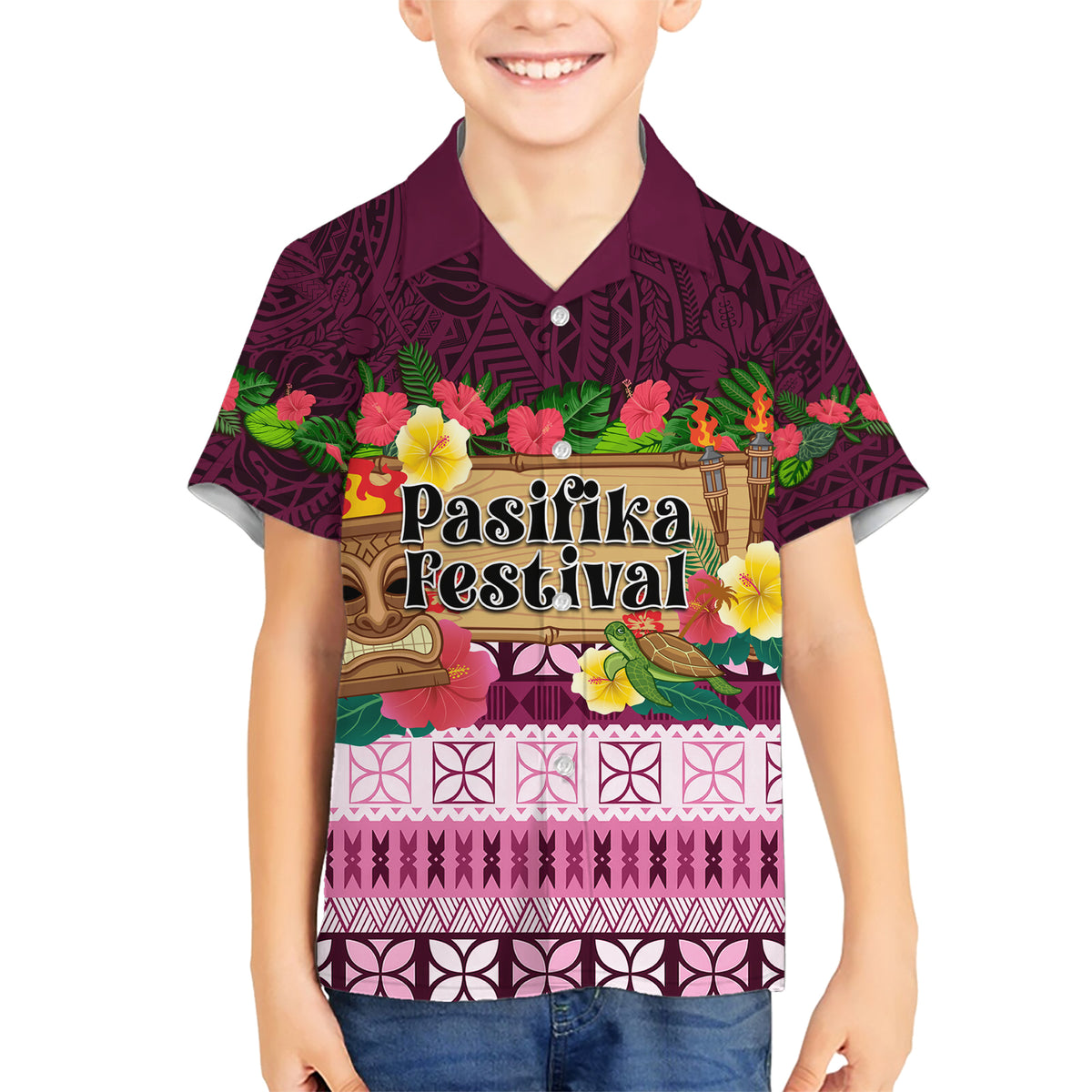 Pasifika Festival Auckland Family Matching Short Sleeve Bodycon Dress and Hawaiian Shirt Polynesian Tribal with Pacific Pattern Pink Color LT03 Son's Shirt Pink - Polynesian Pride