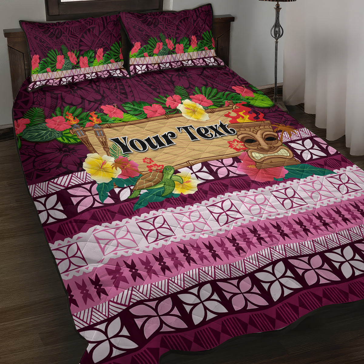 Pasifika Festival Auckland Quilt Bed Set Polynesian Tribal with Pacific Pattern Pink Color