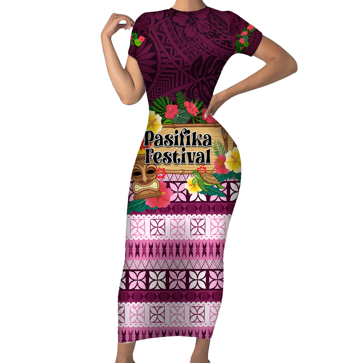 Pasifika Festival Auckland Short Sleeve Bodycon Dress Polynesian Tribal with Pacific Pattern Pink Color LT03 Long Dress Pink - Polynesian Pride