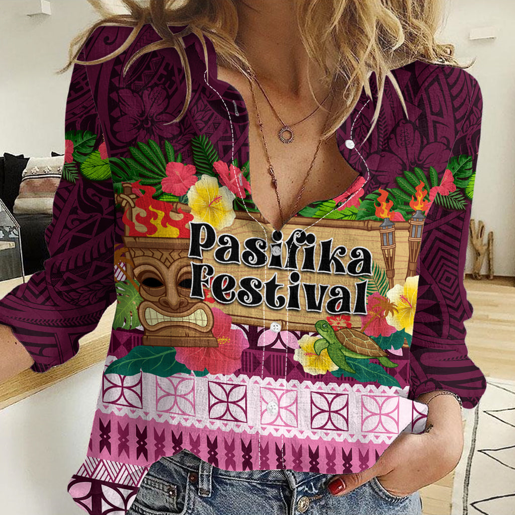 Pasifika Festival Auckland Women Casual Shirt Polynesian Tribal with Pacific Pattern Pink Color LT03 Female Pink - Polynesian Pride