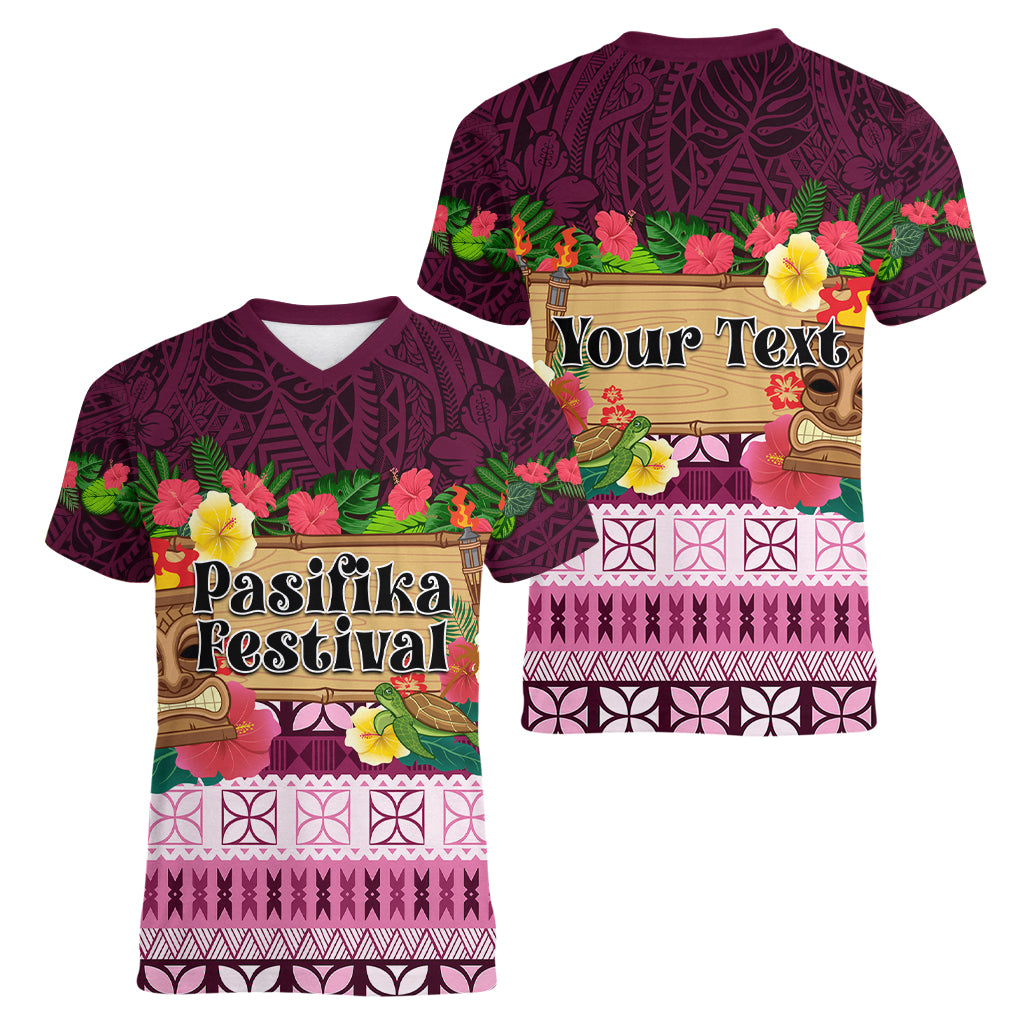 Pasifika Festival Auckland Women V Neck T Shirt Polynesian Tribal with Pacific Pattern Pink Color LT03 - Polynesian Pride