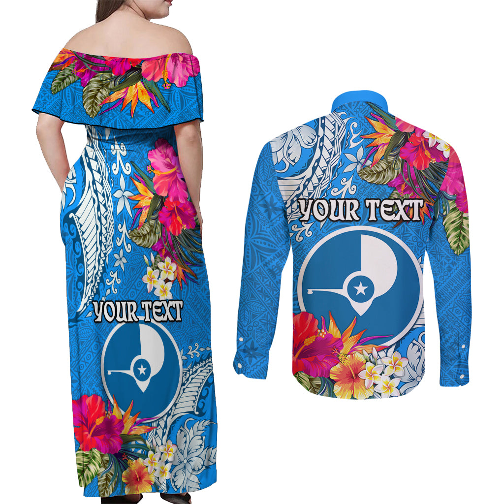 Yap Day Couples Matching Off Shoulder Maxi Dress and Long Sleeve Button Shirt Tapa Pattern with Hisbiscus LT03 - Polynesian Pride