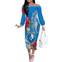 Yap Day Family Matching Off Shoulder Long Sleeve Dress and Hawaiian Shirt Tapa Pattern with Hisbiscus LT03 Mom's Dress Blue - Polynesian Pride